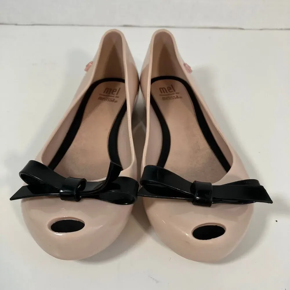 MINI MELISSA Girls Sz 1 Ultragirl Classy Jelly Shoes in Pink w Black Bow WORN